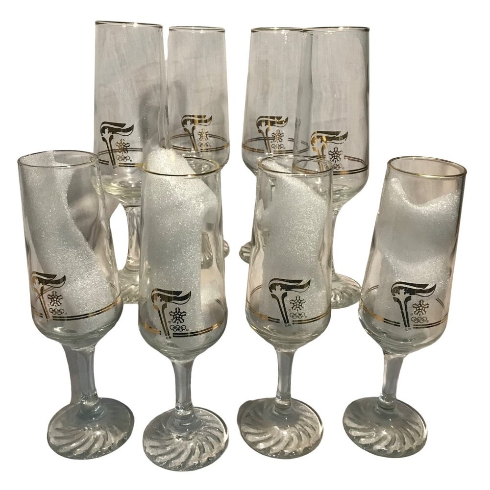 Vintage 1988 Calgary Canada Winter Olympics Champagne Flutes Glasses Set Of 8